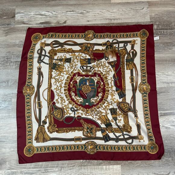 Vintage Italian Baroque Print Scarf Burgundy Gold Equestrian Chain 35x35 - Picture 4 of 7